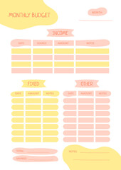 Planner of income and expenses for the month in gentle pastel colors