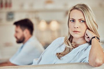 Woman, sad and angry in fight of couple with problem, divorce and crisis of conflict at home. Face...