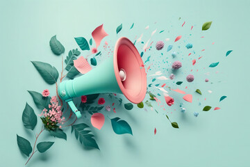 Pink megaphone with flying colorful summer flowers. Generative Ai
