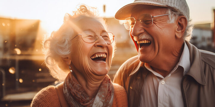 Elderly couple in glasses having fun in city. Generative AI.