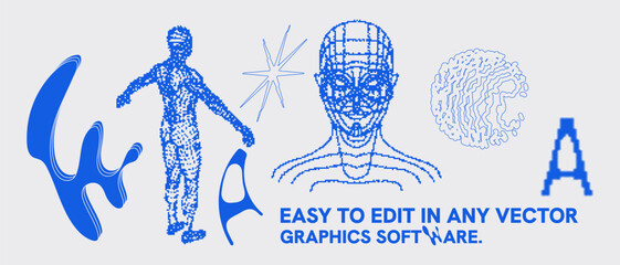 Geometry wireframe shapes and grids. Abstract, cyberpunk, 3D elements, backgrounds, patterns in trendy Brutalism style, neon color, 00s Y2k retro futuristic aesthetic