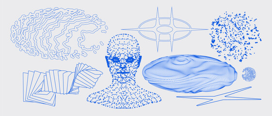 Geometry wireframe shapes and grids. Abstract, cyberpunk, 3D elements, backgrounds, patterns in trendy Brutalism style, neon color, 00s Y2k retro futuristic aesthetic