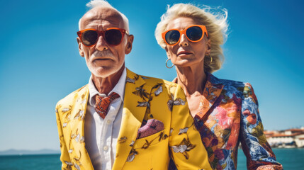 Portrait of a stylish elderly couple created with generative AI technology