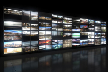 Fototapeta na wymiar Smart TV and digital media wall of screens background with copy space. Generative AI