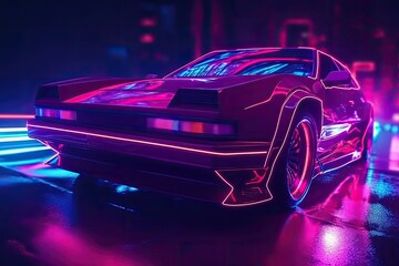 Naklejka premium Futuristic car with neon laser lights