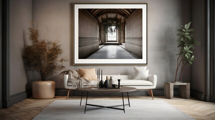 Modern Interior Design with Mockup Frame Poster, 3D Render, 3D Illustration