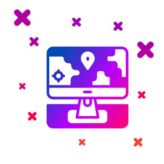 Color Computer monitor and folded map with location marker icon isolated on white background. Gradient random dynamic shapes. Vector
