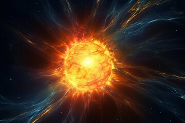 Obraz premium Science and sci-fi concept. Illustration of supernova explosion in space. Copy space. Generative AI