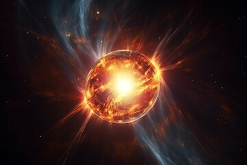 Science and sci-fi concept. Illustration of supernova explosion in space. Copy space. Generative AI
