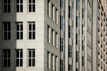 Drone view of the high apartment buildings illuminated by sun rays in San Francisco, California, USA