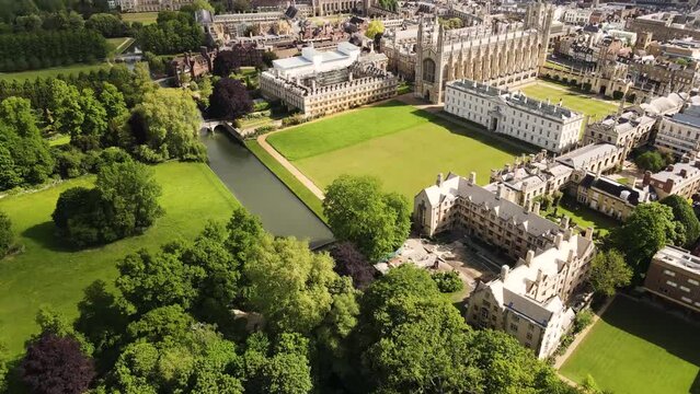 Aerial shot of  beautiful buildings of King's College near  on a sunny day in Cambridge