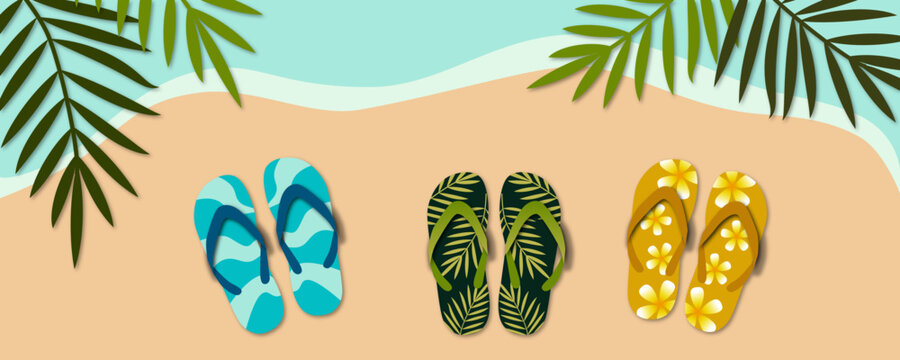 Summer beach vector illustration, holiday beach background with colorful flip flops