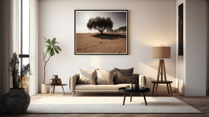 Modern Interior Design with Mockup Frame Poster, 3D Render, 3D Illustration