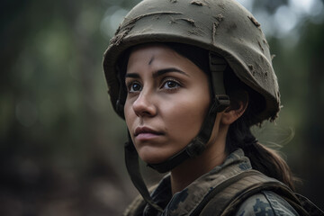 Latin female soldier at the battlefield. Generative AI. - obrazy, fototapety, plakaty