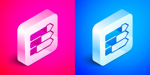 Isometric Pie chart infographic icon isolated on pink and blue background. Diagram chart sign. Silver square button. Vector