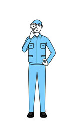 虫メガネをのぞく帽子と作業着姿の男性