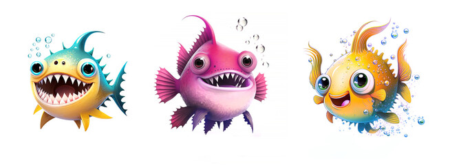 Assorted cartoon-style fish mascot illustration
