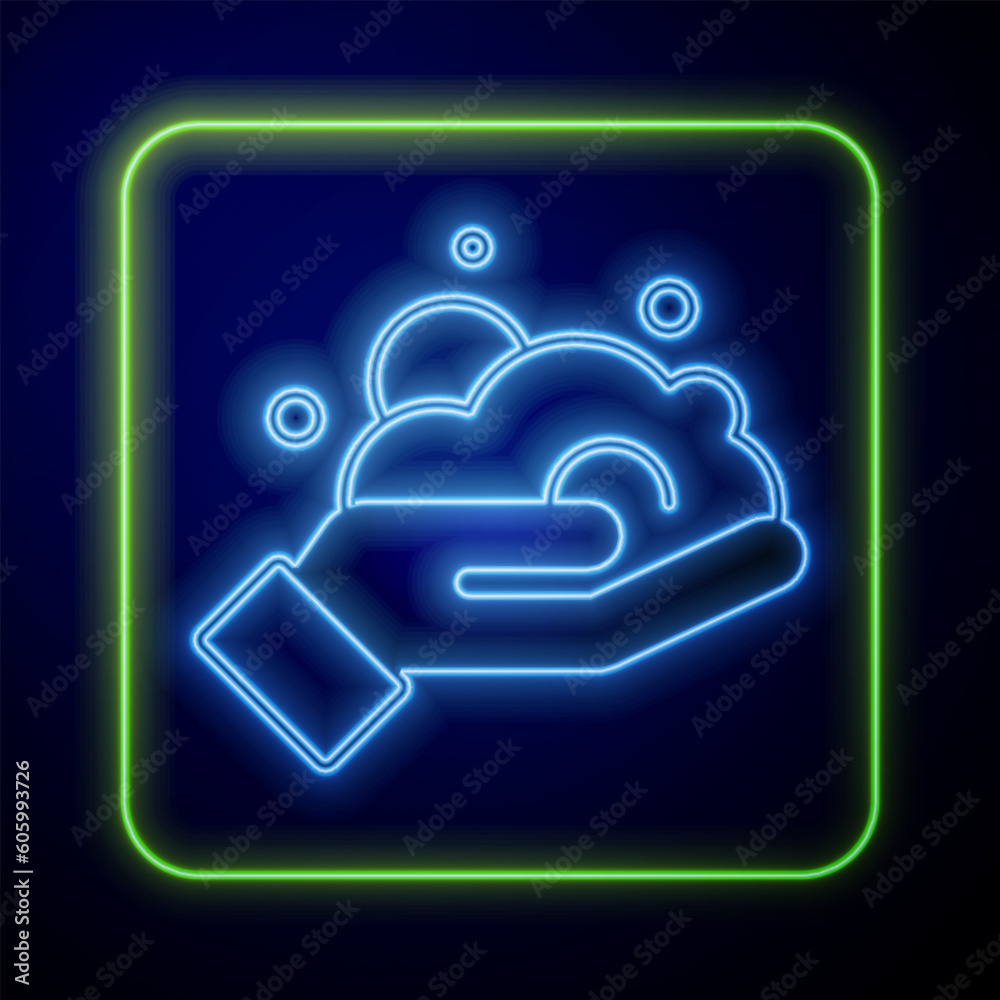 Wall mural Glowing neon Shaving gel foam on hand icon isolated on blue background. Shaving cream. Vector