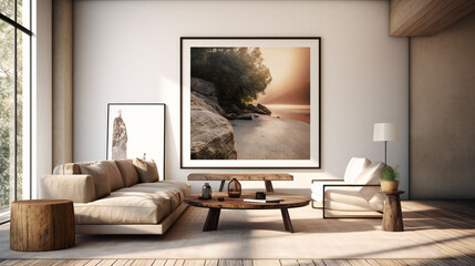 Modern Interior Design with Mockup Frame Poster, 3D Render, 3D Illustration