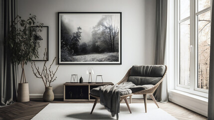 Modern Interior Design with Mockup Frame Poster, 3D Render, 3D Illustration