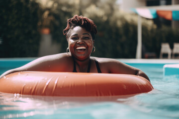 Happy african plus size woman in a pool with ring float. Generative AI.