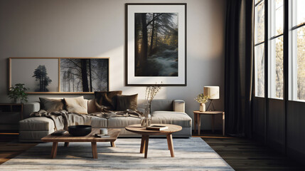 Fototapeta premium Modern Interior Design with Mockup Frame Poster, 3D Render, 3D Illustration