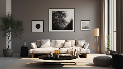 Modern Interior Design with Mockup Frame Poster, 3D Render, 3D Illustration