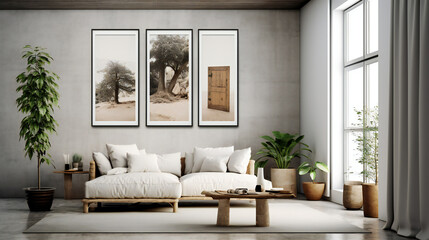 Fototapeta na wymiar Modern Interior Design with Mockup Frame Poster, 3D Render, 3D Illustration