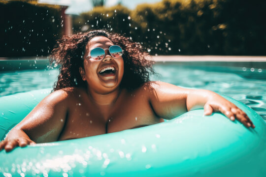 Happy latin plus size woman in a pool with ring float. Generative AI.