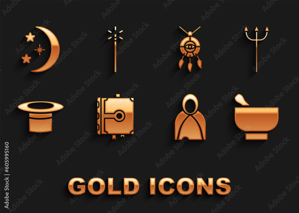 Poster Set Ancient magic book, Neptune Trident, Magic mortar and pestle, Mantle, cloak, cape, Magician hat, Dream catcher with feathers, Moon stars and wand icon. Vector