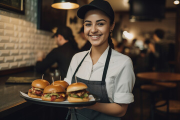 Happy latin waitress holding burgers at restaurant. Generative AI.