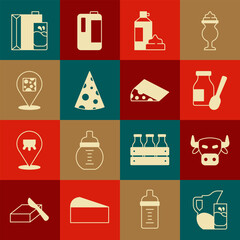 Set Milk jug or pitcher and glass, Cow head, Drinking yogurt in bottle, Whipped cream, Cheese, Paper package for milk and icon. Vector