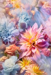 Fototapeta premium A bunch of colorful flowers that are in the air. Spring time blooming fresh flowers with blue air coming out of it. Generated AI.