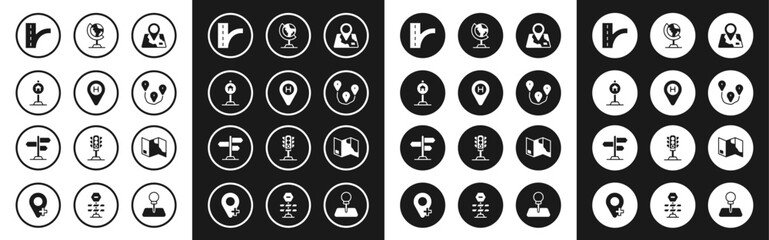 Set Folded map with location marker, Helicopter landing pad, Hotel sign for traffic, Road, Route, Earth globe, and icon. Vector