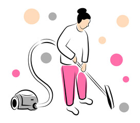 A woman with a vacuum cleaner cleans. Vector illustration with doodle style