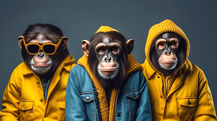 Creative animal concept. Gang family of chimpanzee in vibrant bright fashionable outfits, commercial, editorial advertisement, surreal surrealism. Group shot. Generative AI

