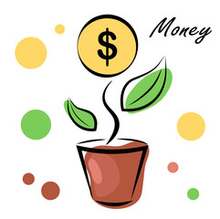 Dollar rose from a flower pot on a white background. Vector illustration in doodle style