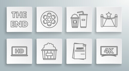 Set line Laptop screen with HD video technology, Film reel, Popcorn in cardboard box, Scenario, and soda drink glass, Carpet barriers star and The End handwritten inscription icon. Vector
