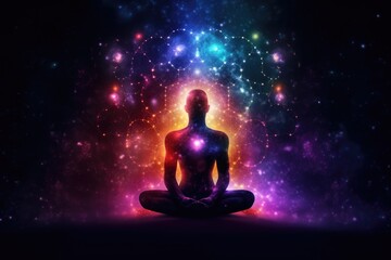 Person meditating in yoga pose on colorful background