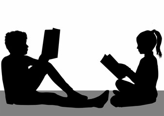 Silhouettes of people with a book.	