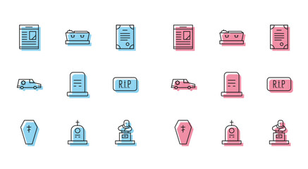 Set line Coffin with cross, Grave tombstone, Obituaries, Speech bubble rip death, Hearse car and dead icon. Vector