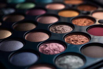 Make-up concept. Close-up shot of eyeshadow, cosmetics, make-up collection. Professional eyeshadow palette macro shot background. Generative AI