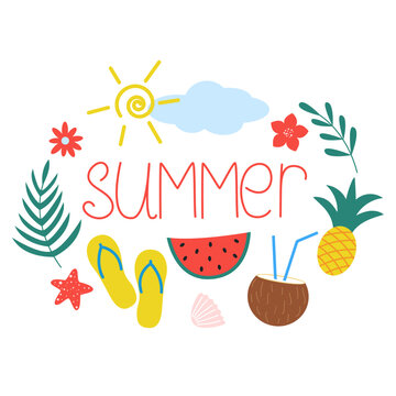 Hello summer template. Cute design with summer elements. Vacation card with word summer, watermelon, sun, flowers and palm branch. Flat, vector illustration