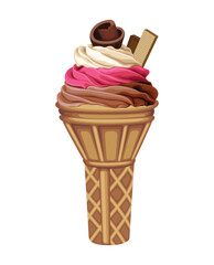 Ice Cream Cone Strawberry Vanilla Chocolate Sweet Food Cold Drink Vector Illustration