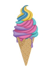 Ice Cream Cone Strawberry Rainbow Sweet Food Cold Drink Vector Illustration