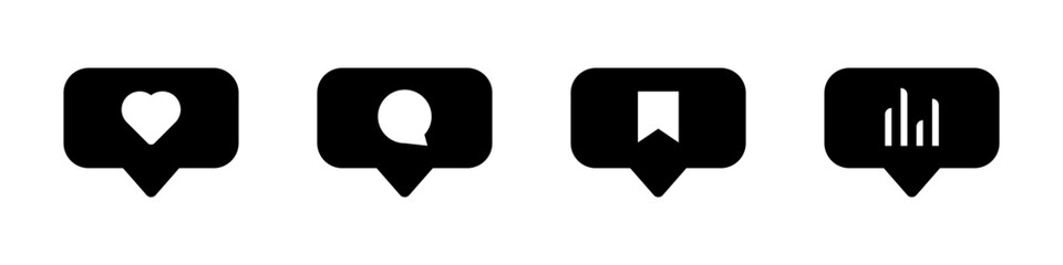 Social media interaction buttons set. Social media interface buttons. Like, comment, save and statistics icons. Vector