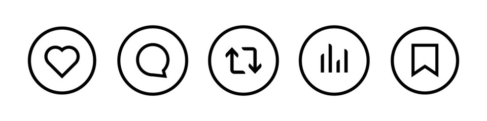 Like, comment, repost, statistics, save button icons. Social media interaction buttons. Vector set.