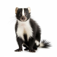 Cute classic black with white stripe young skunk aka Mephitis mephitis, walking side ways. Head up looking straight ahead with tail high up. Isolated on a white background. Generative AI
