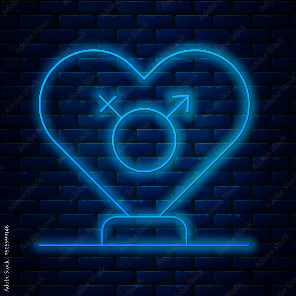 Wall mural Glowing neon line Gender icon isolated on brick wall background. Symbols of men and women. Sex symbol. Vector