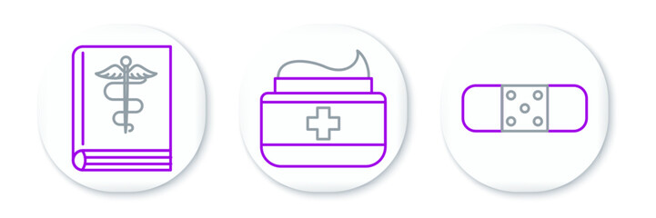 Obraz premium Set line Bandage plaster, Medical book and Ointment cream tube medicine icon. Vector